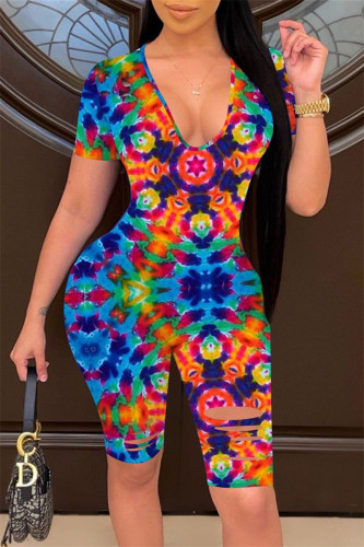 Multicolor Fashion Casual Print Tie Dye Ripped V Neck Bodycon Jumpsuits Skinny Romper