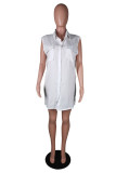 ホワイトファッションカジュアルソリッドベーシックターンダウンカラーノースリーブシャツドレス