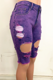 Purple Casual Solid Ripped Mid Waist Straight Denim Shorts