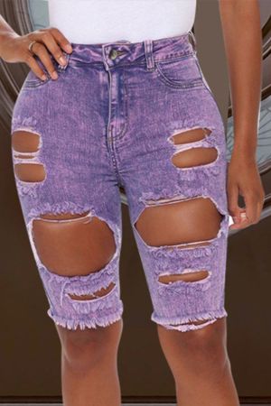 Purple Casual Solid Mid Waist Straight Ripped Denim Shorts