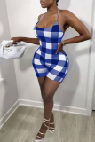 Blue Sexy Plaid Patchwork Spaghetti Strap Skinny Rompers