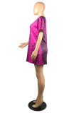 Фиолетовое модное повседневное платье-футболка с круглым вырезом и коротким рукавом с принтом