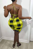 Yellow Sexy Plaid Patchwork Spaghetti Strap Skinny Rompers
