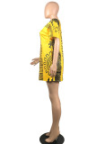 Yellow Fashion Casual Print Basic O Neck Short Sleeve T-shirt Dress