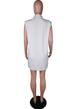 ホワイトファッションカジュアルソリッドベーシックターンダウンカラーノースリーブシャツドレス