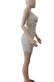 Multicolor Fashion Sexy Striped Print Rückenfreies, faltbares, ärmelloses Kleid mit V-Ausschnitt