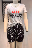 Black Fashion Casual Print Hollowed Out O Neck Plus Size Two Pieces