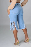 Babyblått Mode Casual Solid Ripped Vanliga Jeans med hög midja