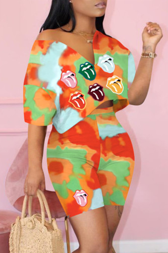 Orange Fashion Casual Print Basic V Neck Short Sleeve Two Pieces