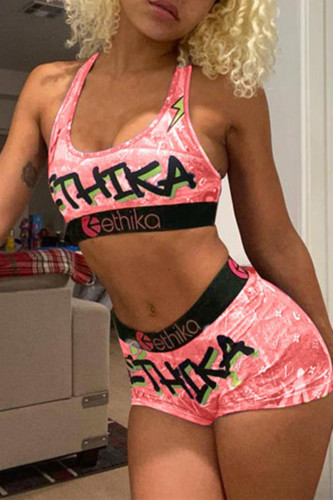 Roze Sexy Sportkleding Print Basic U-hals Mouwloos Tweedelige Tweedelige
