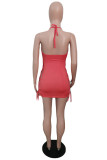 Red Fashion Sexy Solid Hollowed Out Halter Sleeveless Dress