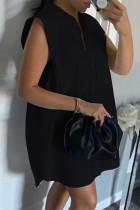Черное модное повседневное однотонное базовое платье-рубашка без рукавов с отложным воротником