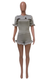 Grey Casual Solid Flounce O Neck Short Sleeve Two Pieces