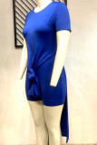 Azul Moda Casual Sólida Fenda O Decote Plus Size Duas Peças