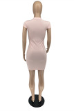ピンクのファッションカジュアルソリッドベーシックハーフタートルネック半袖ドレス