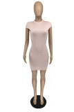 ピンクのファッションカジュアルソリッドベーシックハーフタートルネック半袖ドレス