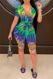 Macacão skinny multicolorido moda casual estampa tie dye rasgado decote em v