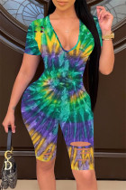Green Fashion Casual Print Tie Dye Ripped V Neck Bodycon Jumpsuits Skinny Romper