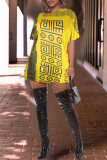 Lila Mode Casual Print Basic O-hals Kortärmad T-shirtklänning