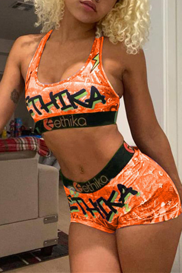 Оранжевый Сексуальная спортивная одежда с принтом Основные с U-образным вырезом без рукавов Из двух частей