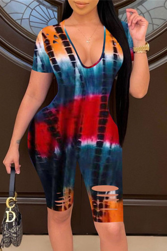 Red Fashion Casual Print Tie Dye Ripped V Neck Bodycon Jumpsuits Skinny Romper