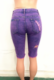 Пурпурные повседневные однотонные рваные прямые джинсовые шорты со средней посадкой