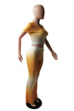 Желтый Модный повседневный принт с постепенным изменением Базовый V-образный вырез с коротким рукавом Из двух частей