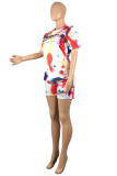 Multicolore Fashion Casual Letter Print Tie-dye O Neck Short Sleeve Two Pieces