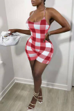 Red Sexy Plaid Patchwork Spaghetti Strap Skinny Rompers