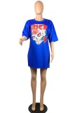 Blaues, modisches, lässiges, Basic-T-Shirt-Kleid mit O-Ausschnitt und kurzen Ärmeln