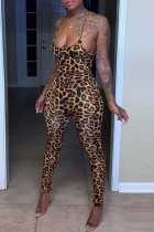 Leopard Print Sexy Print Leopard Backless Strap Design Spaghetti Strap Skinny Jumpsuits
