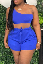 Blue Sexy Casual Solid Backless One Shoulder Sleeveless Two Pieces