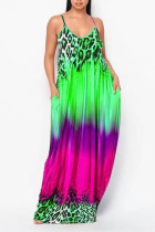 Fluorescerende groene sexy geleidelijke verandering print patchwork spaghettibandjes A-lijn jurken