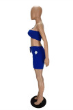 Синий сексуальный повседневный однотонный с открытой спиной одно плечо без рукавов из двух частей