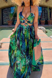 Green Fashion Print Patchwork Halter Swagger Dresses