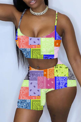 Green Sexy Print Patchwork Spaghetti Strap Sleeveless Two Pieces
