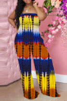 Yellow Sexy Patchwork Tie-dye Strapless Straight Jumpsuits