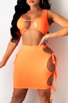 Orange Fashion Sexy Solid Hollowed Out Strap Design U Neck Sleeveless Two Pieces