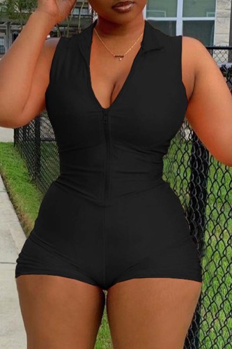 Black Fashion Casual Solid Basic Zipper Collar Skinny Romper
