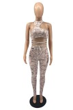 Grey Fashion Sexy Print Hollowed Out Backless O Neck Skinny Jumpsuits