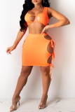 Oranje mode Sexy effen uitgeholde riem ontwerp U-hals mouwloos twee stukken