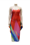 レインボー カラー ファッション セクシー プラス サイズ プリント バックレス スパゲッティ ストラップ ノースリーブ ドレス