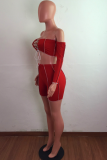 Red Street Solid Bandage Strapless Long Sleeve Two Pieces