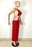 赤のセクシーなソリッドくり抜かれたホルターペンシルスカートドレス