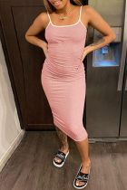 ピンク カジュアル ソリッド パッチワーク スパゲッティ ストラップ ペンシル スカート ドレス
