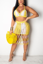 Желтая модная сексуальная пляжная юбка из двух частей