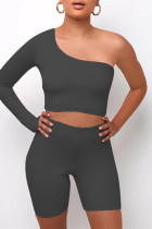 Noir Casual Sportswear Solid Basic Oblique Collar Long Sleeve Two Pieces