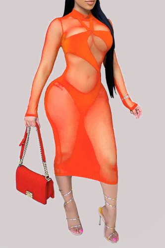 Oranje sexy effen patchwork mesh-badkleding