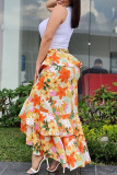 Oranje mode casual print asymmetrische normale hoge taille rok