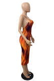 Tangerine Red Sexy Print Patchwork Spaghetti Strap Pencil Jupe Robes